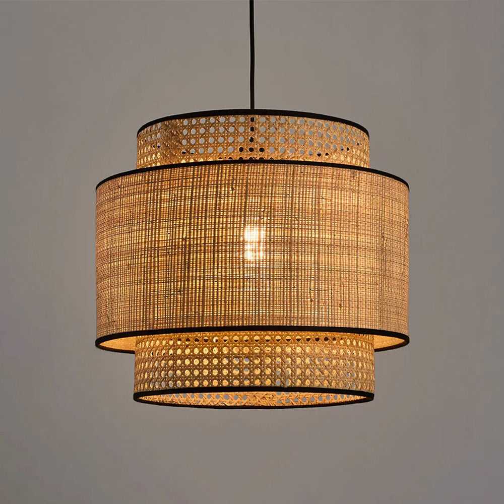 Danogar Wabi Sabi Tri-Layer Cylindrical Rattan/Metal Pendant Light, Wooden