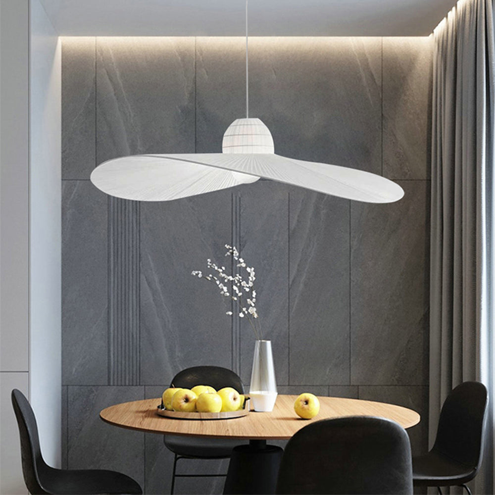 Jevupek Modern Woven Wide-Brimmed Hat Shape Metal/Fabric Pendant Light, Black/White