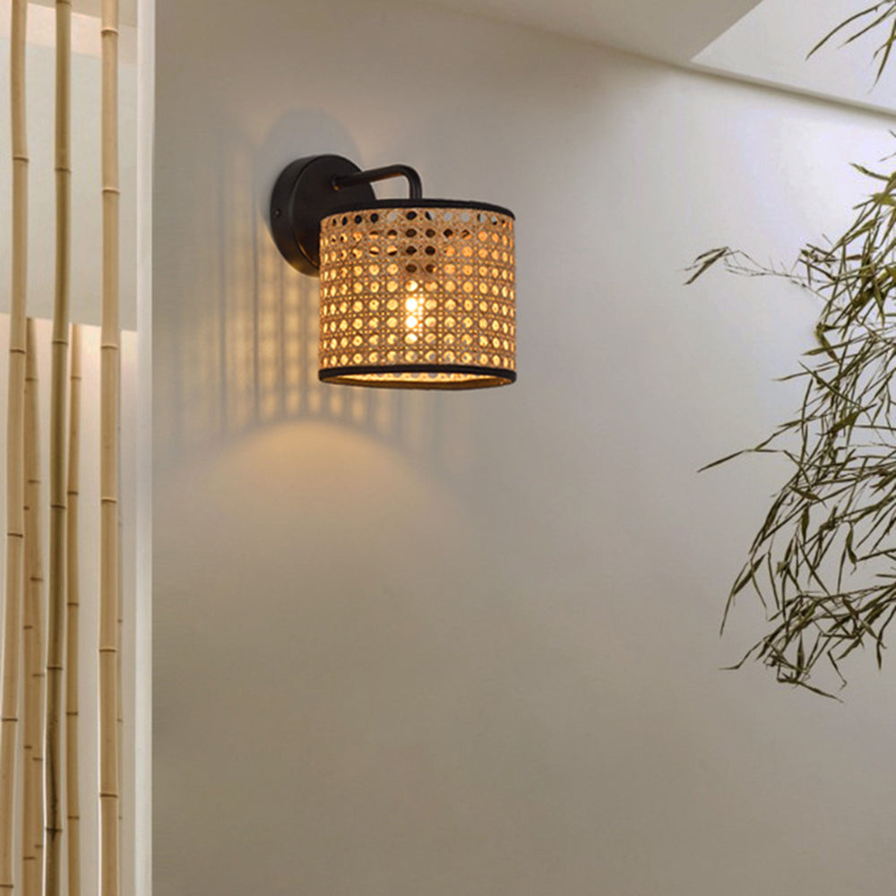 Holibus Rustic Cylindrical Rattan/Metal Wall Lamp, Brown