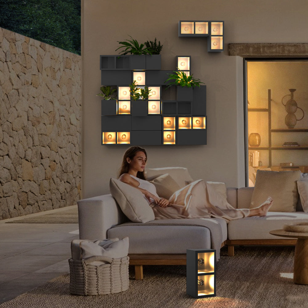 Jibebit Modern Cube Square Metal/Glass Outdoor Wall Lamp, Black