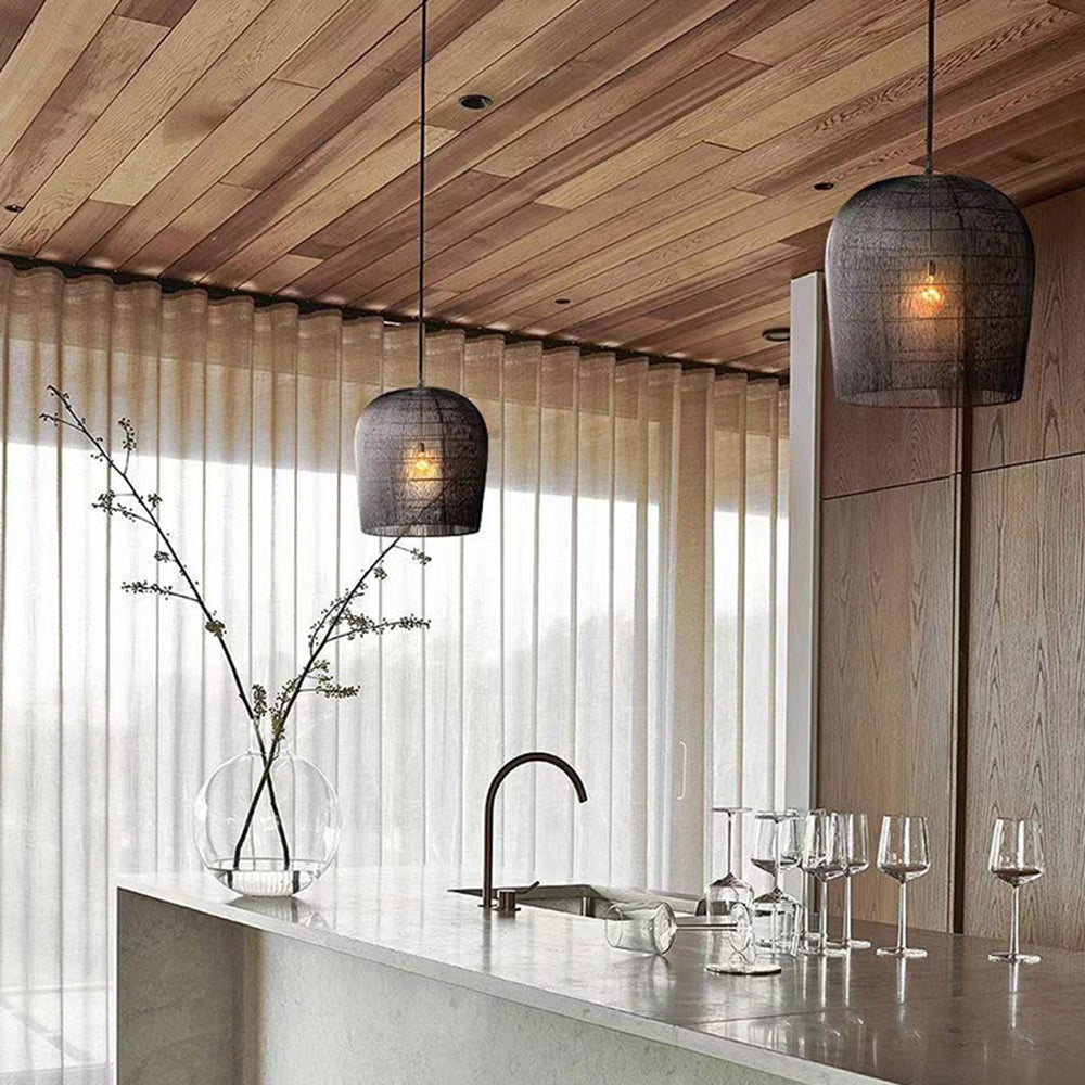 Wadanud Wabi Sabi Bird Cage Rattan/Metal Pendant Light, Black/White
