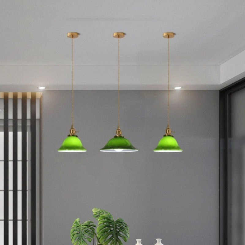 Juguped Rustic Vintage LED Pendant Light Green Copper Glass Dining Room