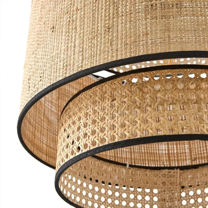 Danogar Wabi Sabi Tri-Layer Cylindrical Rattan/Metal Pendant Light, Wooden