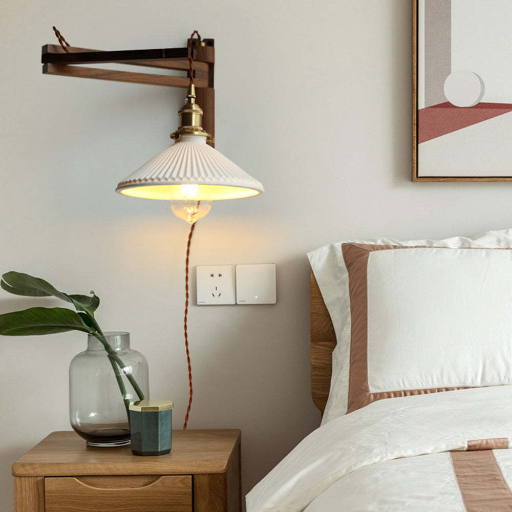 Cilepim Vintage Dome Ceramic/Wood Wall Lamp, Walnut/Wood/Clear