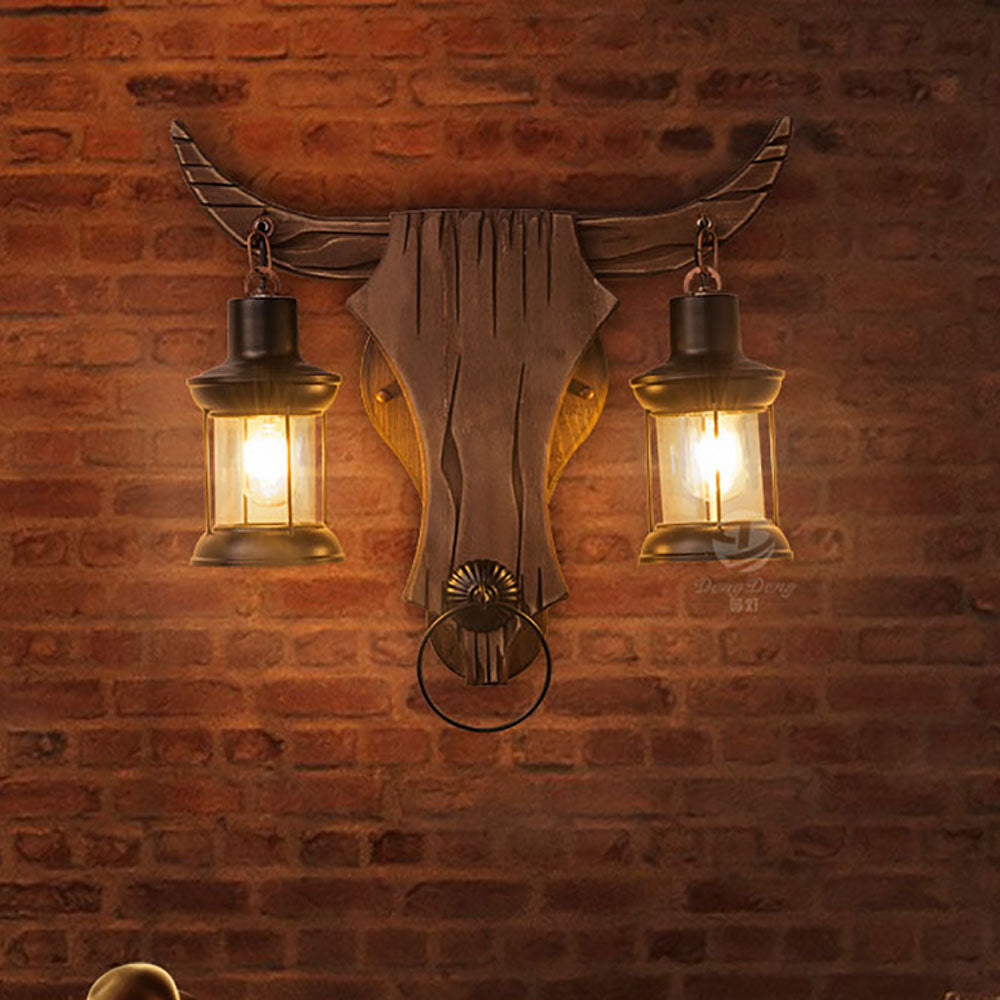 Joperun Wall Lamp Bull Shape Vintage, 2 Heads Wood/Metal, Bedroom