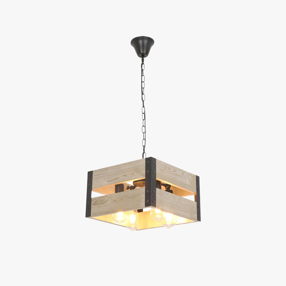 Lutopur Retro Square Metal & Wood Pendant Light, 4 Heads, 2 Style