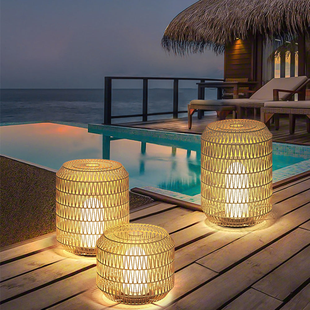 Judibus Vintage Lantern Rattan Floor Lamp, Hardwired/Solar, Beige
