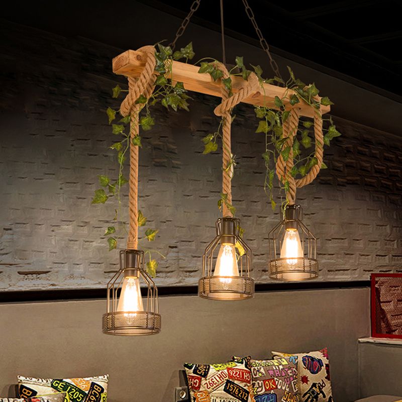 Mepenoru Caged Vintage Farmhouse Wood Beam Pendant Light 3/5 Heads