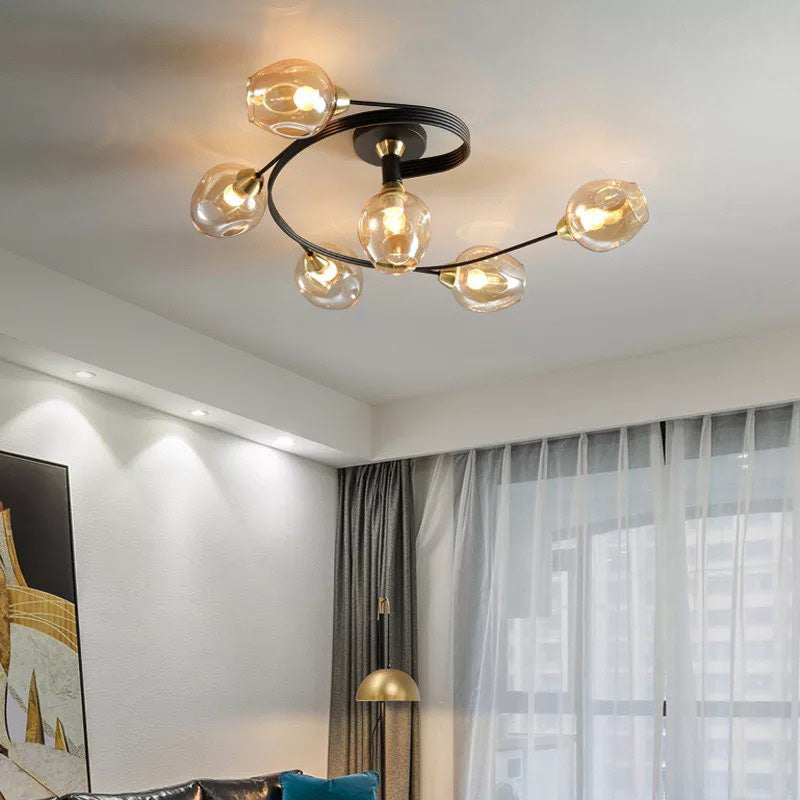 Panavuk Flush Mount Ceiling Light, Glass, Black/Gold, Dining Room