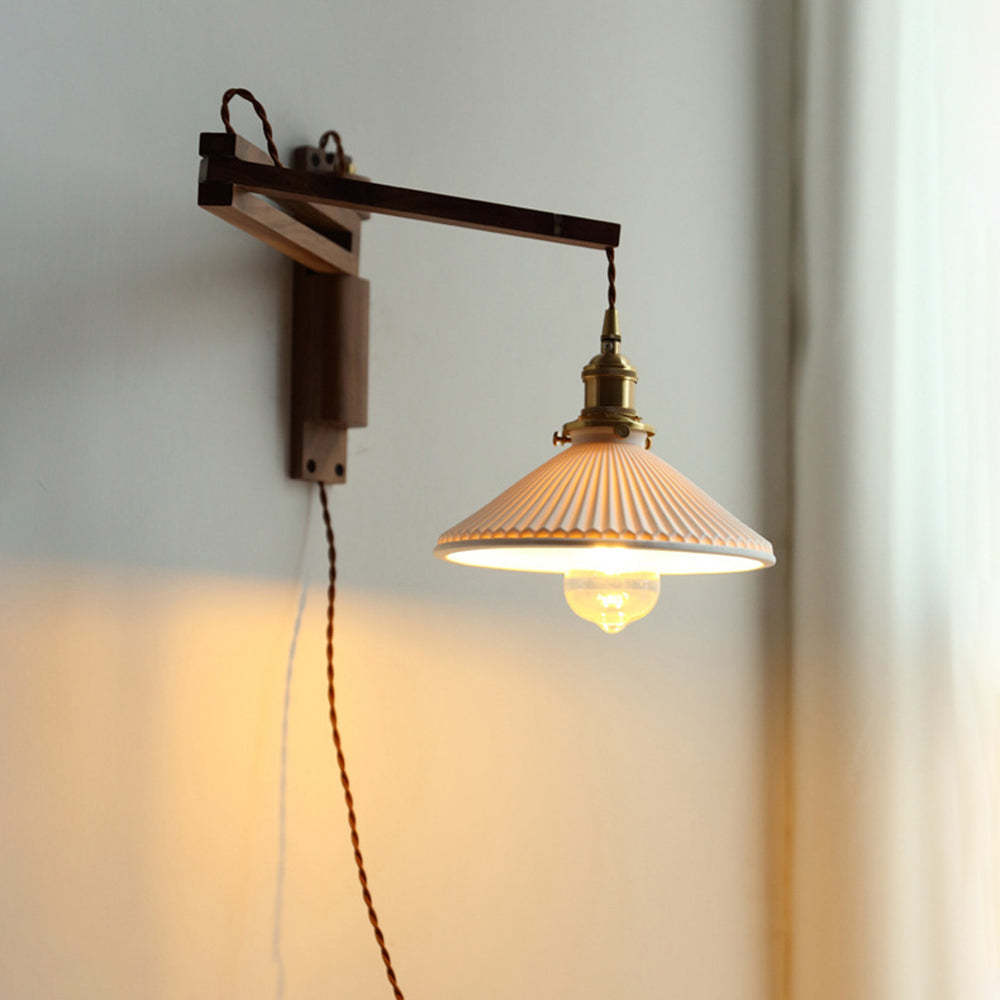 Cilepim Vintage Dome Ceramic/Wood Wall Lamp, Walnut/Wood/Clear