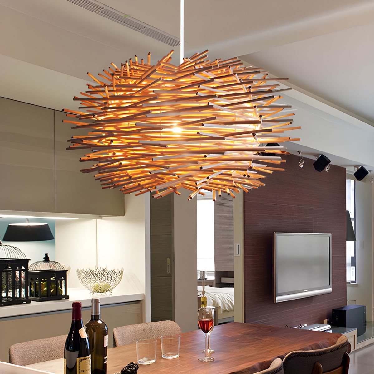 Papeneso Wooden Bird Nest Rattan Pendant Light, Brown/Wood