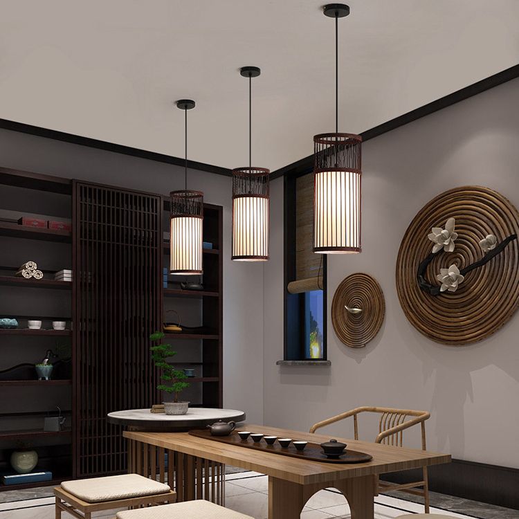 Kovelek Weave Cylinder Pendant Light, Coffee/Wood, Metal/Bamboo
