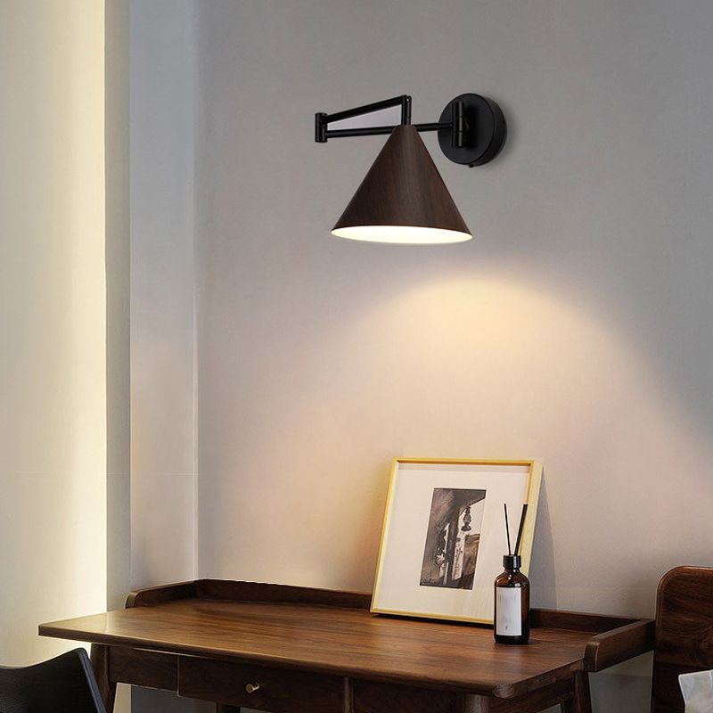 Posunes Cone Shaped Adjustable Wall Lamp, Metal/Wood, Bedroom