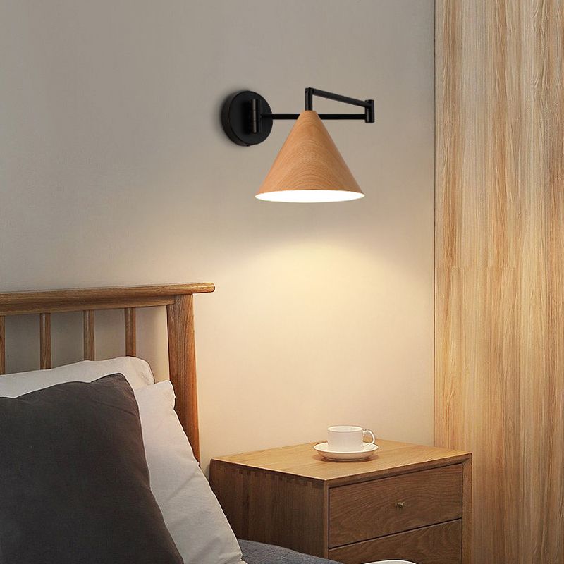Posunes Cone Shaped Adjustable Wall Lamp, Metal/Wood, Bedroom