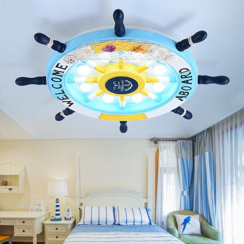 Wumekak Modern Rudder Metal Flush Mount Ceiling Light, White/Blue For Kids
