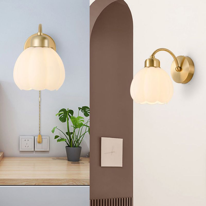 Jekumut Nordic Flower Vanity Glass Metal Wall Lamp, Gold/Ivory