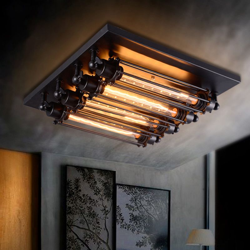Nikokar Vintage Tubed Metal Flush Mount Ceiling Light, Black, Living Room