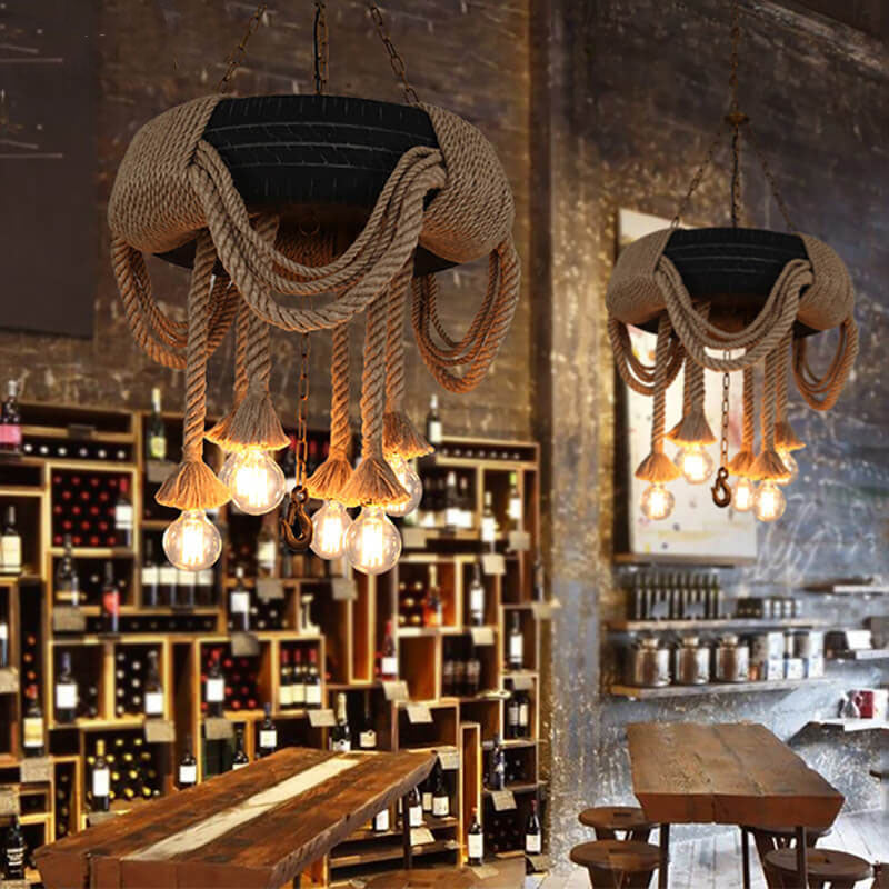 Pitobosu Vintage Industrial Chandelier Hemp Rope Tyre Dining Room
