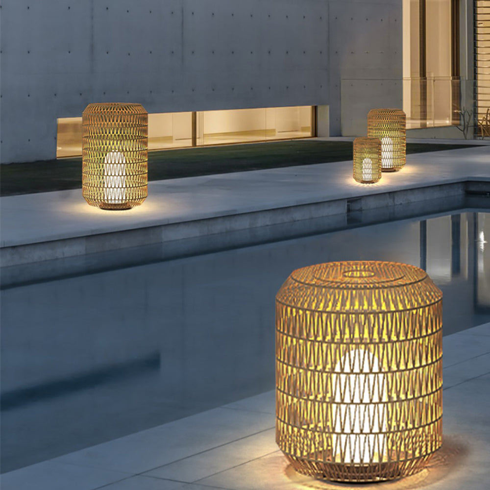 Judibus Vintage Lantern Rattan Floor Lamp, Hardwired/Solar, Beige