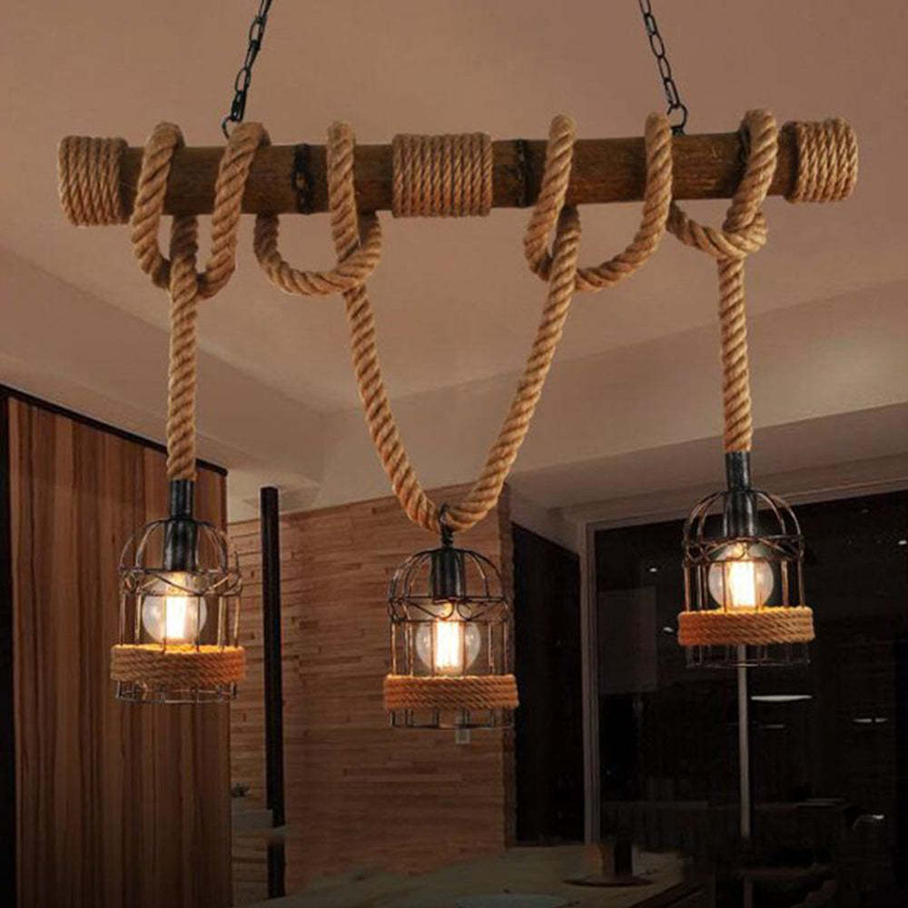 Helamed Vintage 3 Heads Wood Rope Pendant Light