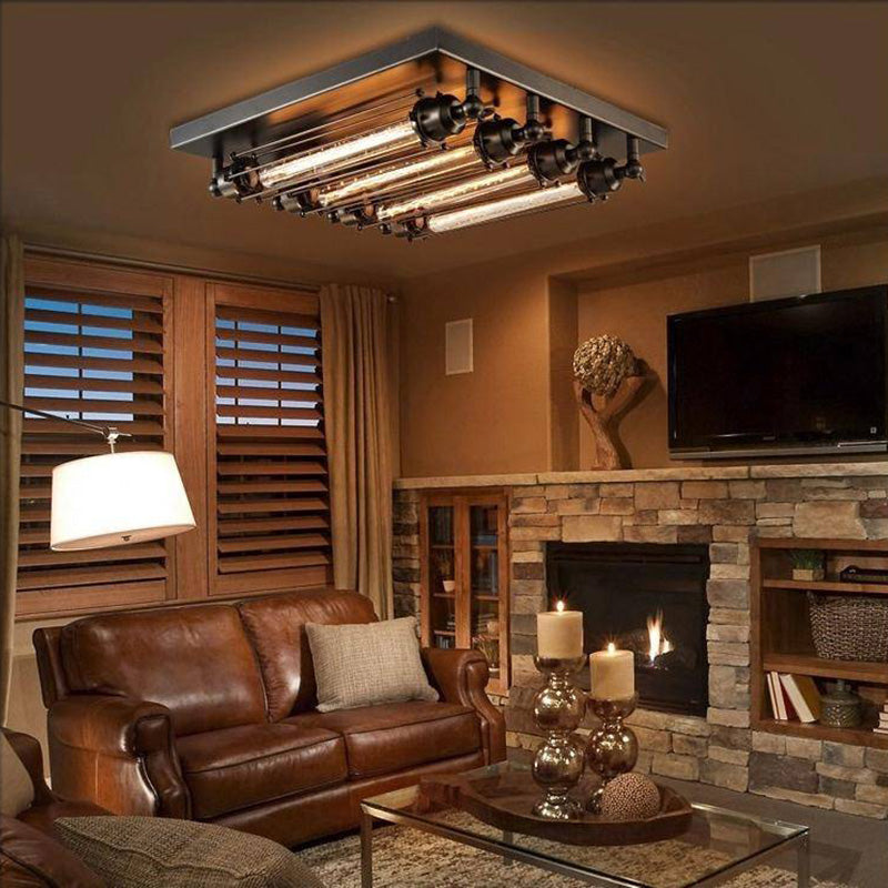 Nikokar Vintage Tubed Metal Flush Mount Ceiling Light, Black, Living Room