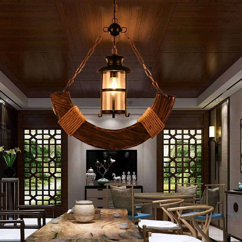 Vubunel Retro Rustic Arc Metal/Wood Lantern Glass Pendant Light