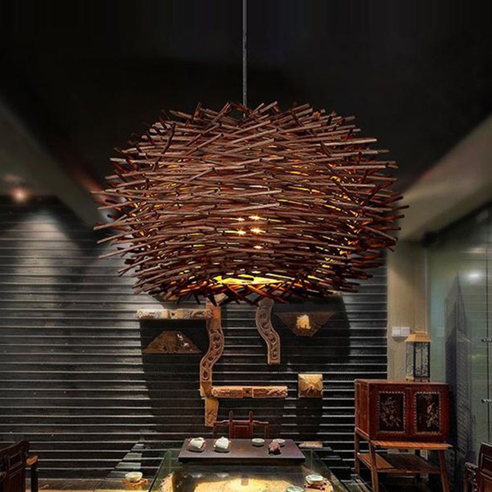 Papeneso Wooden Bird Nest Rattan Pendant Light, Brown/Wood