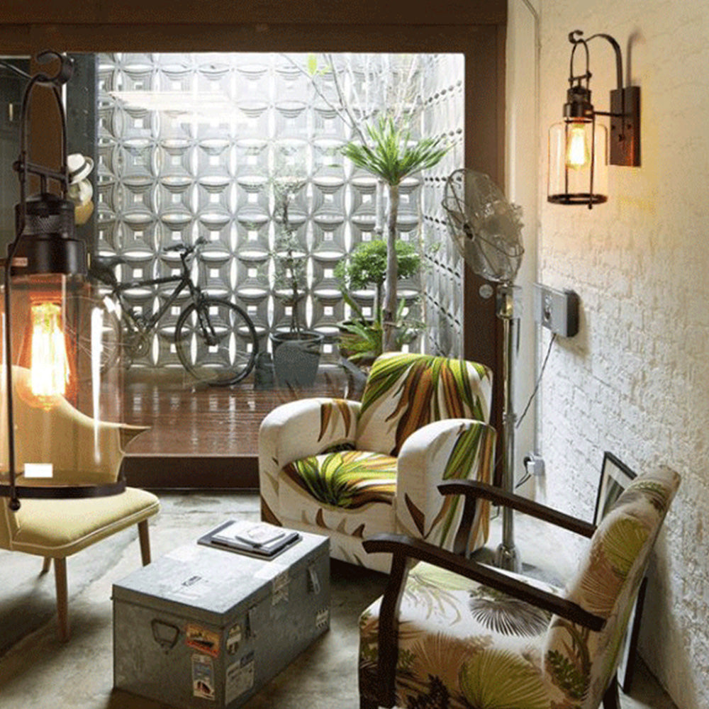 Fekutos Vintage Lantern Glass/Metal Wall Lamp, Black/Rusty