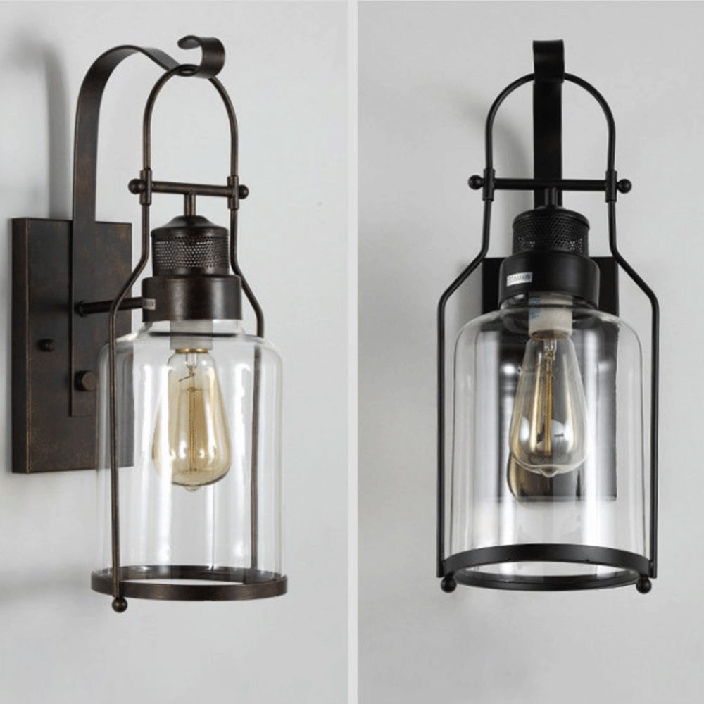Fekutos Vintage Lantern Glass/Metal Wall Lamp, Black/Rusty