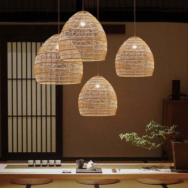 Lixi Rattan Bamboo Lampshade Hand Knitted Pendant Light-Neutral Decor