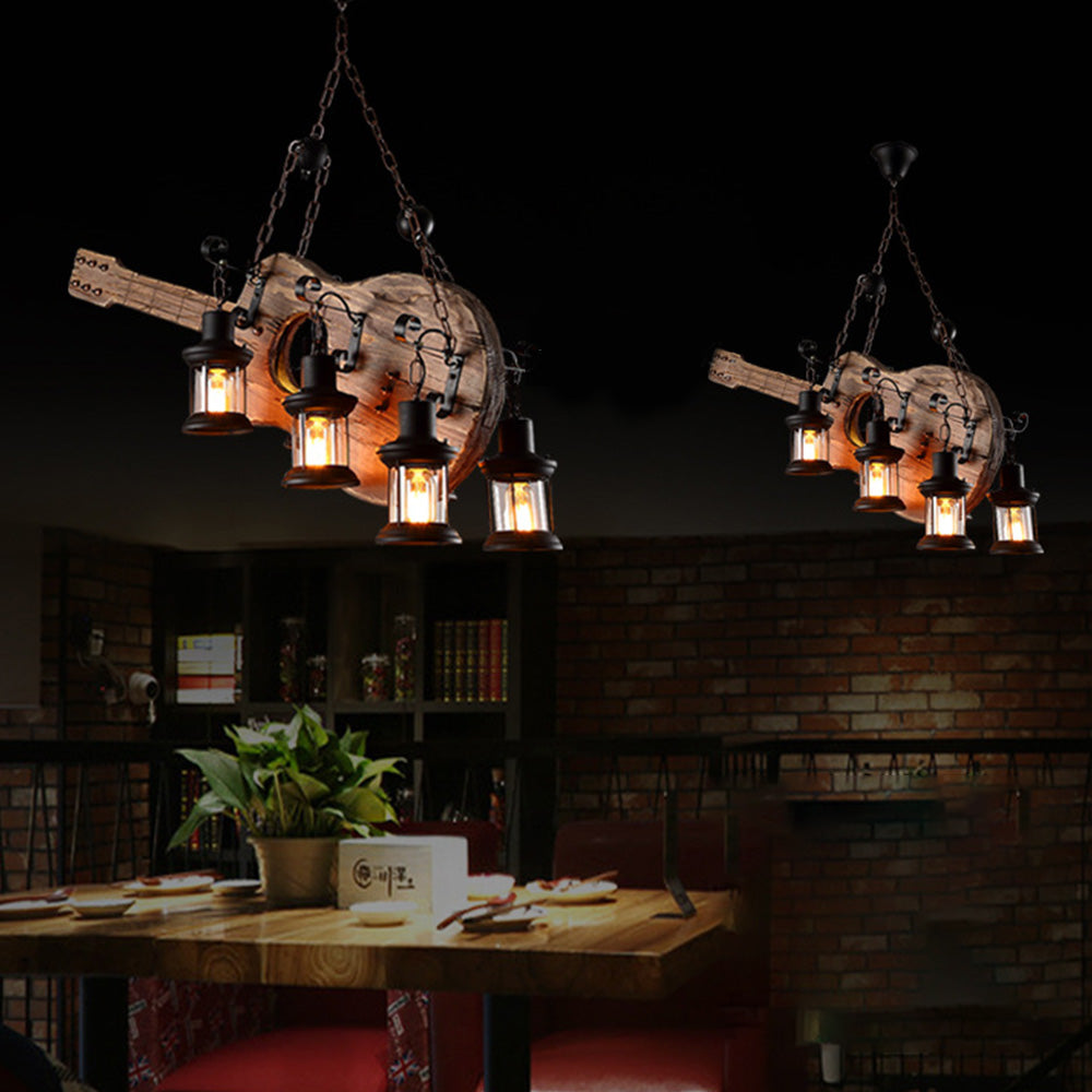 Buluten Retro Guitar Metal & Wood Pendant Light, 4 Heads