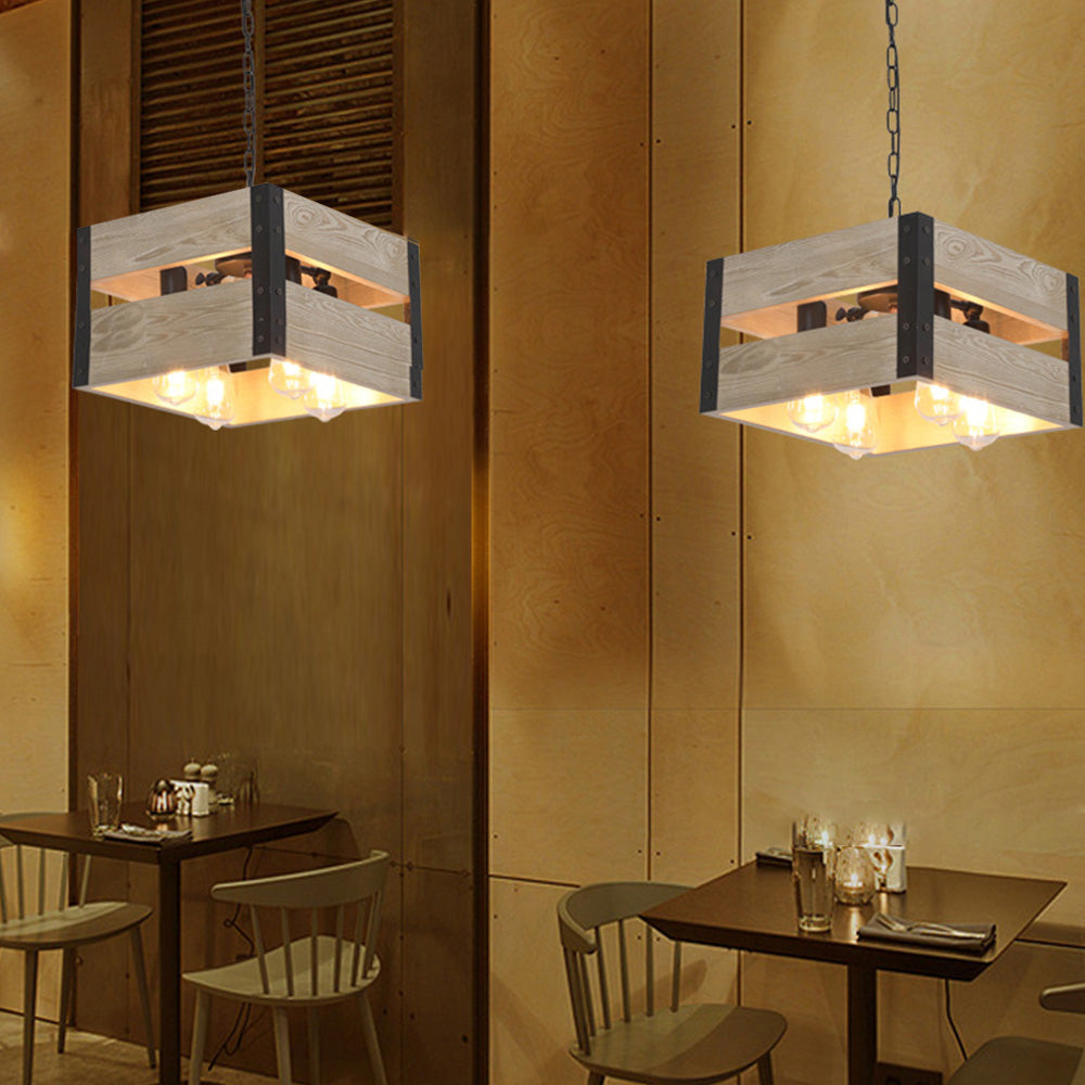 Lutopur Retro Square Metal & Wood Pendant Light, 4 Heads, 2 Style