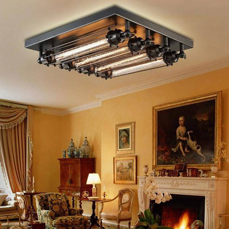 Nikokar Vintage Tubed Metal Flush Mount Ceiling Light, Black, Living Room