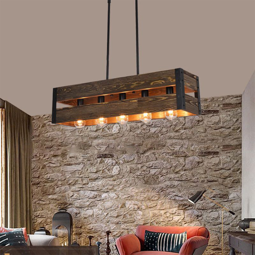 Finubit Retro Rectangular Metal & Wood Pendant Light, 5 Heads, 2 Style