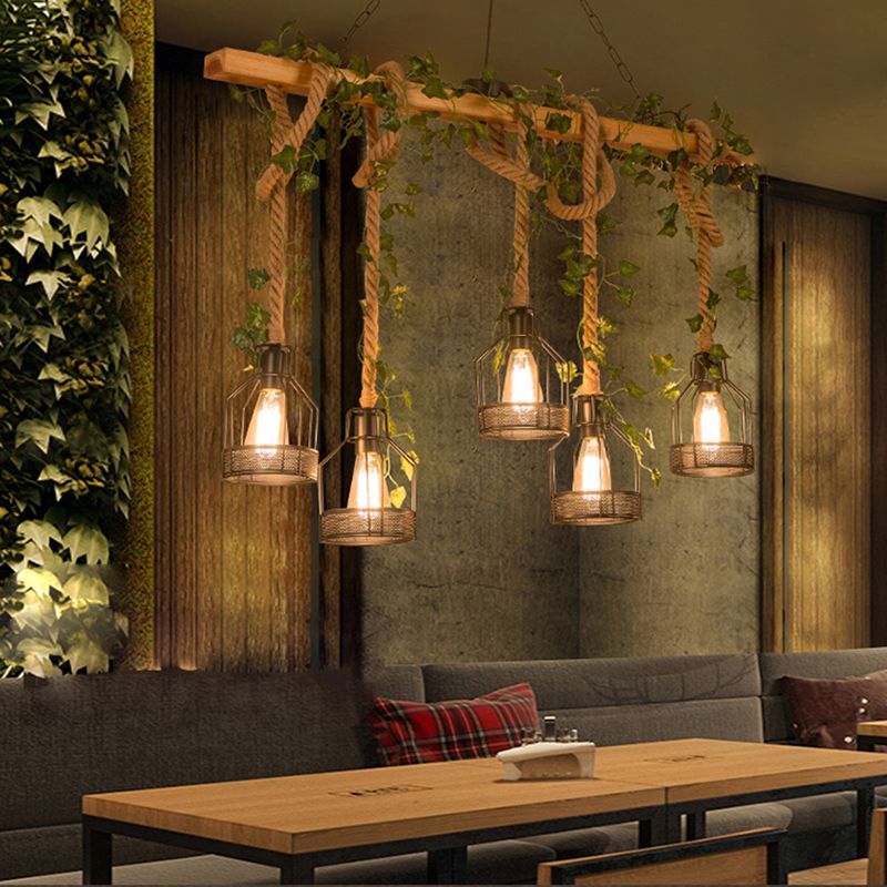 Mepenoru Caged Vintage Farmhouse Wood Beam Pendant Light 3/5 Heads