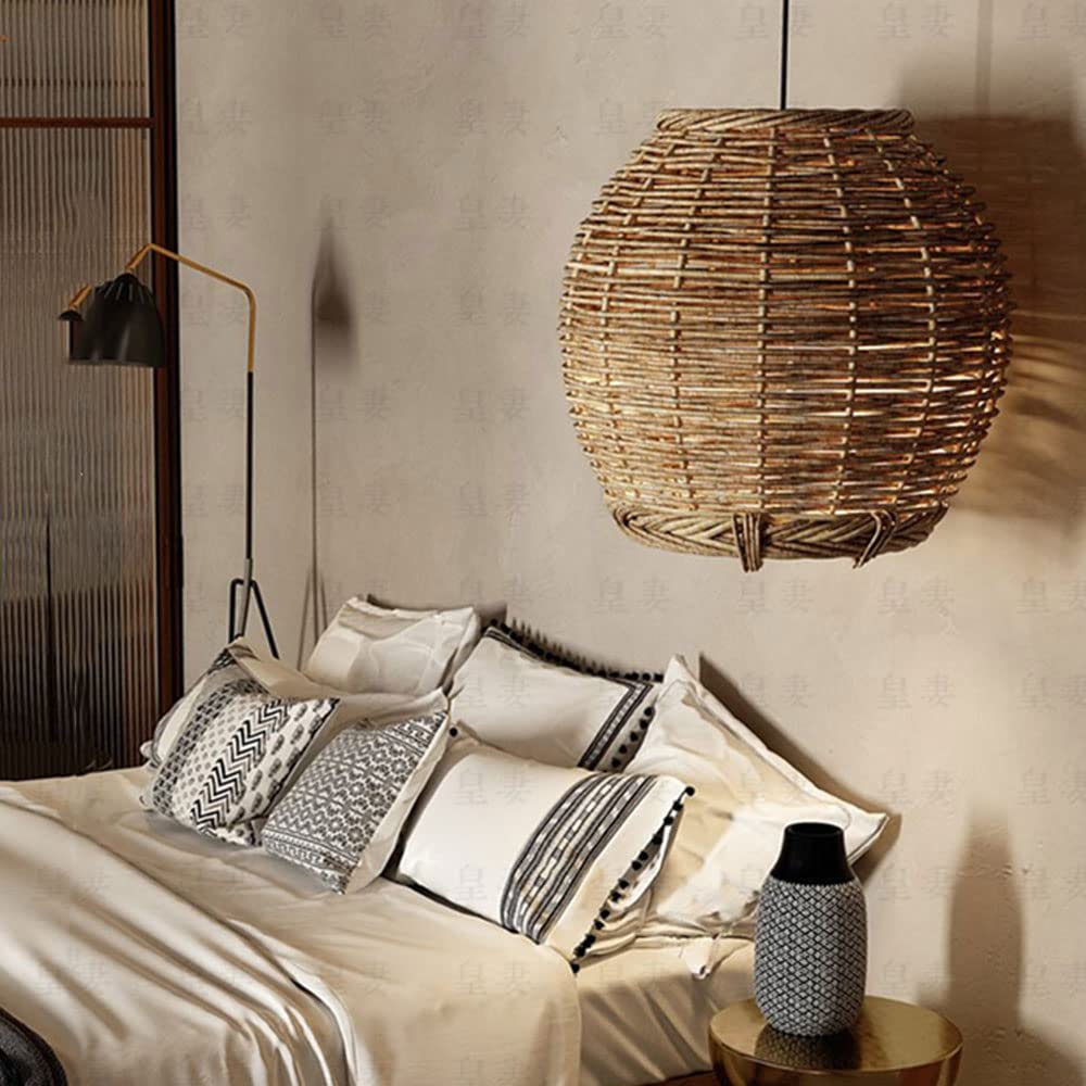 Nimavoda Retro LED Pendant Light Wood Rattan Living Room Restaurant