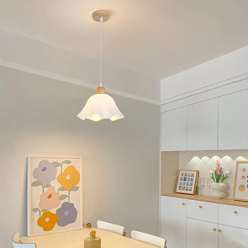 Holagon Minimalist Flower /Wood Pendant Light, White