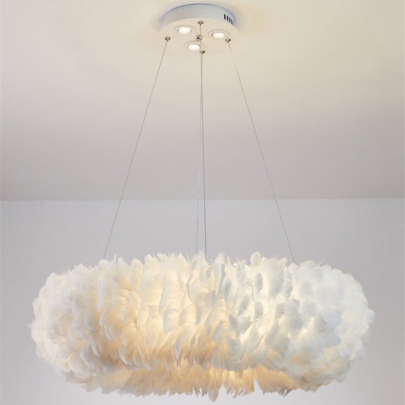 Libitun Romantic Ring Feather/Metal Pendant Light, Natural Ostrich