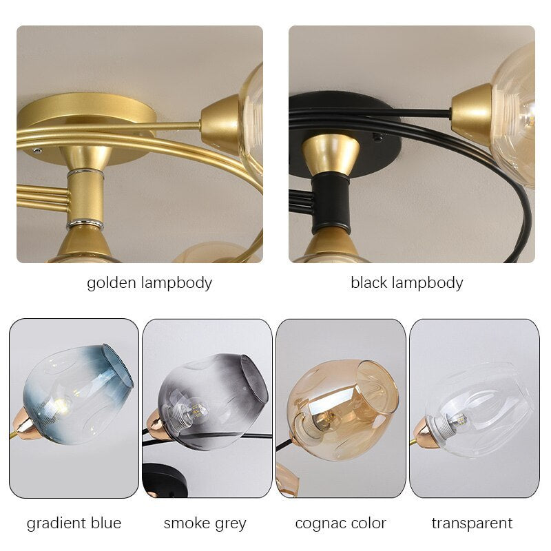 Panavuk Flush Mount Ceiling Light, Glass, Black/Gold, Dining Room