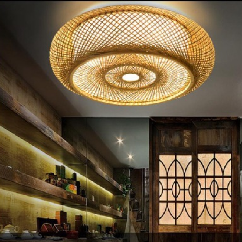 Revutot Rattan Woven Rustic LED Flush Mount Ceiling Light