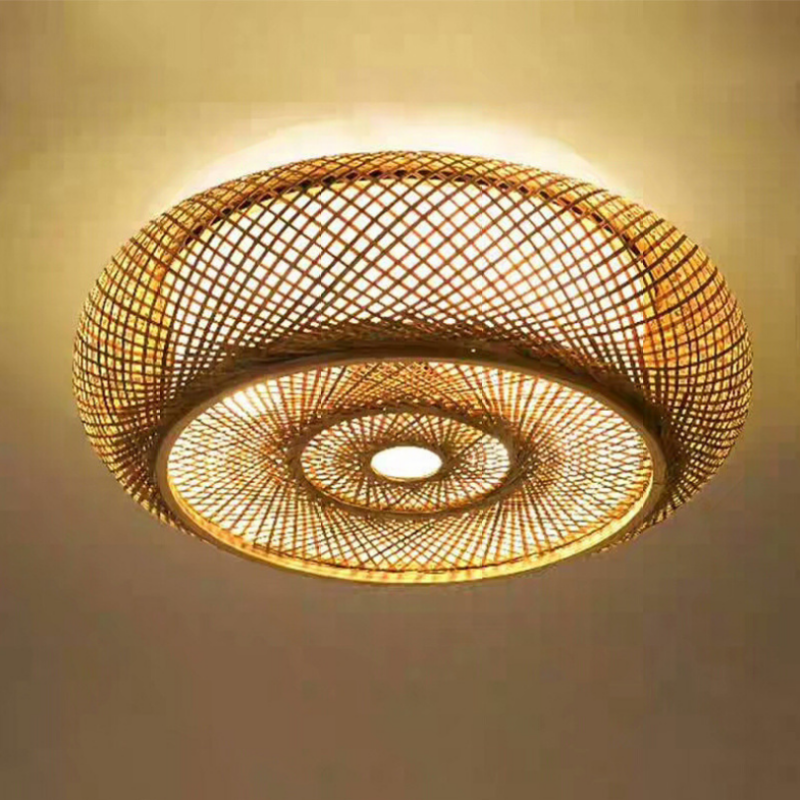 Revutot Rattan Woven Rustic LED Flush Mount Ceiling Light