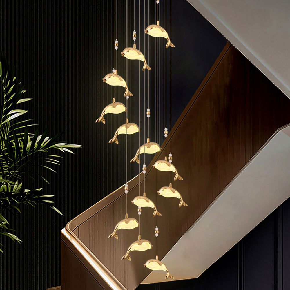 Napelur Modern Dolphin Metal Pendant Light, Gold, Metal/