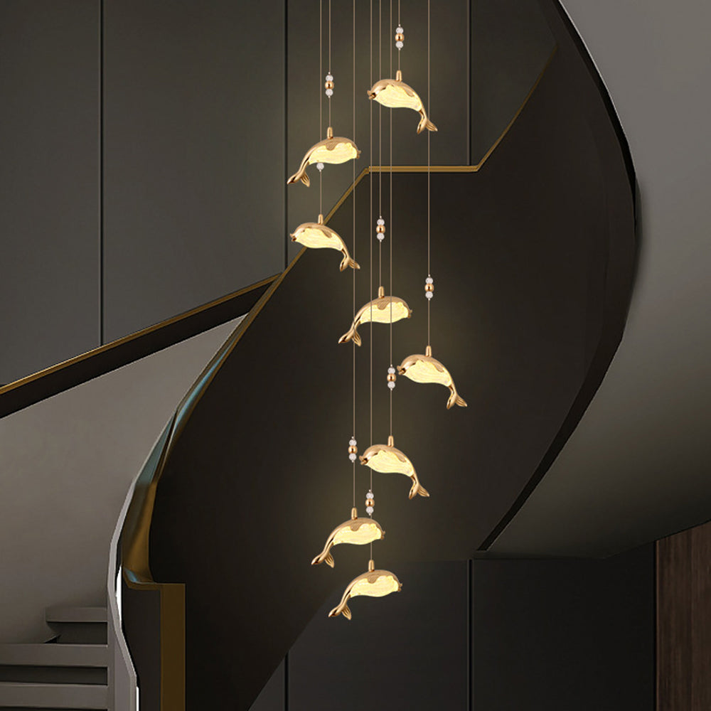 Napelur Modern Dolphin Metal Pendant Light, Gold, Metal/