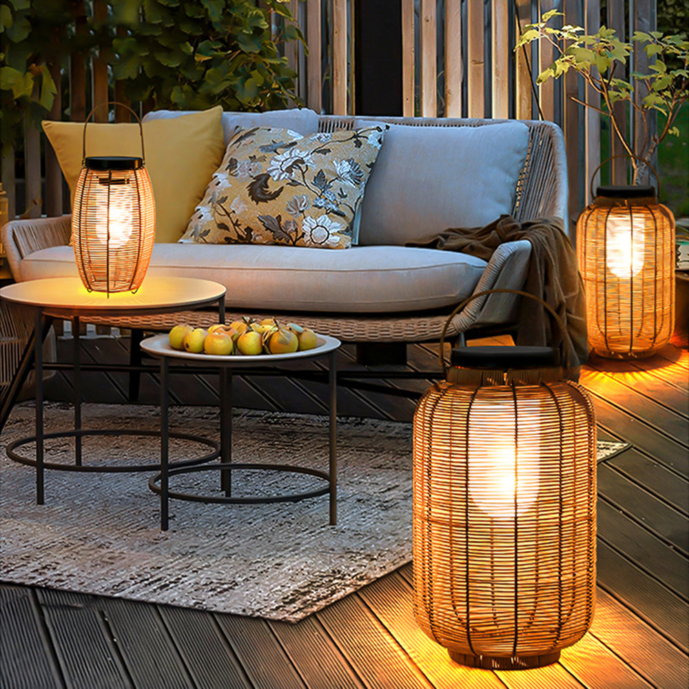Hinasul Retro Lantern Metal/Rattan Floor Lamp, Wood Color