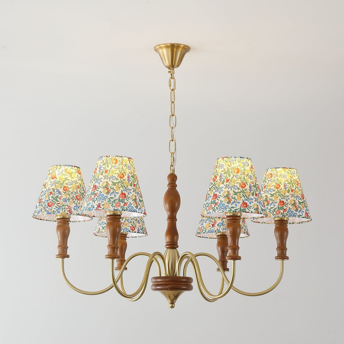 Florinda Floral Fabric Shade Chandelier with Wooden Arms