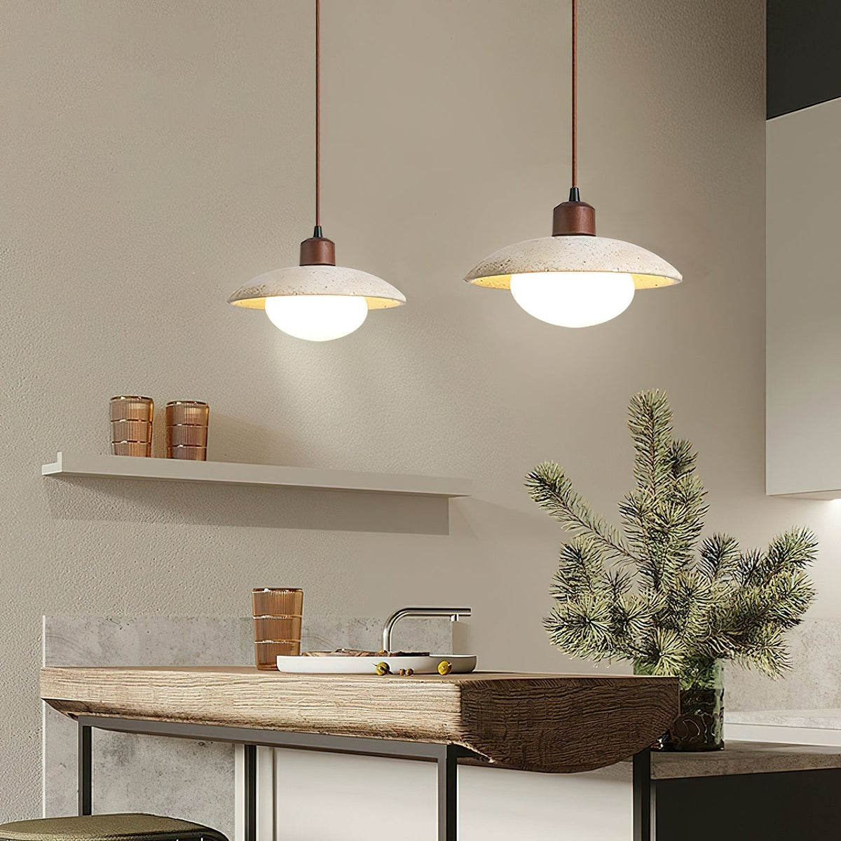 Delora Dome-Shade Travertine Pendant Light