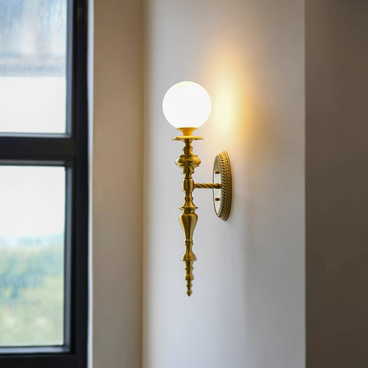 Wall Lamp Sculpted Brass Body Globe Shade Classic Elegant Statement