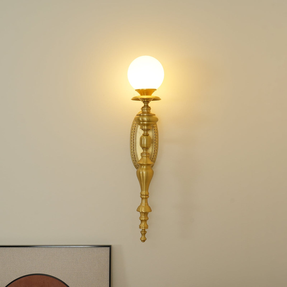 Wall Lamp Sculpted Brass Body Globe Shade Classic Elegant Statement