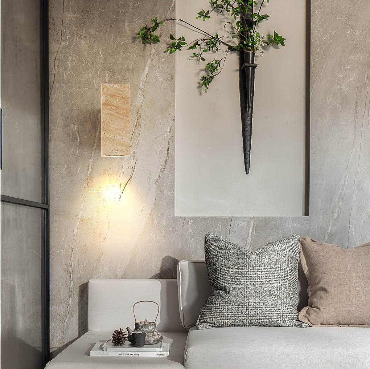 Valalaria Plug-In Rectangular Travertine Wall Light