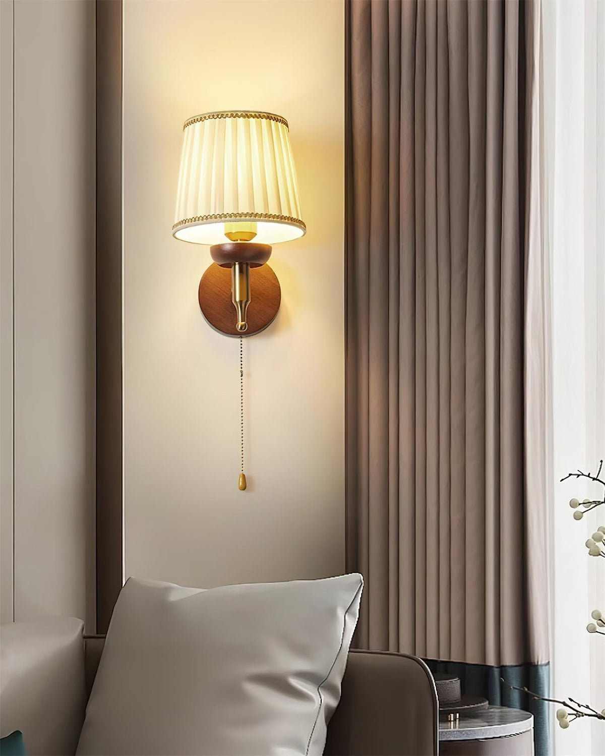 Blixen Wall Lamp Fabric Classic Gold Walnut Bedroom